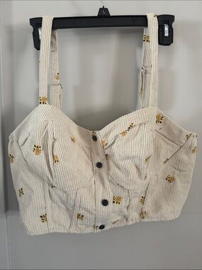 Cream Floral Faux Button-Front Crop Bustier Top